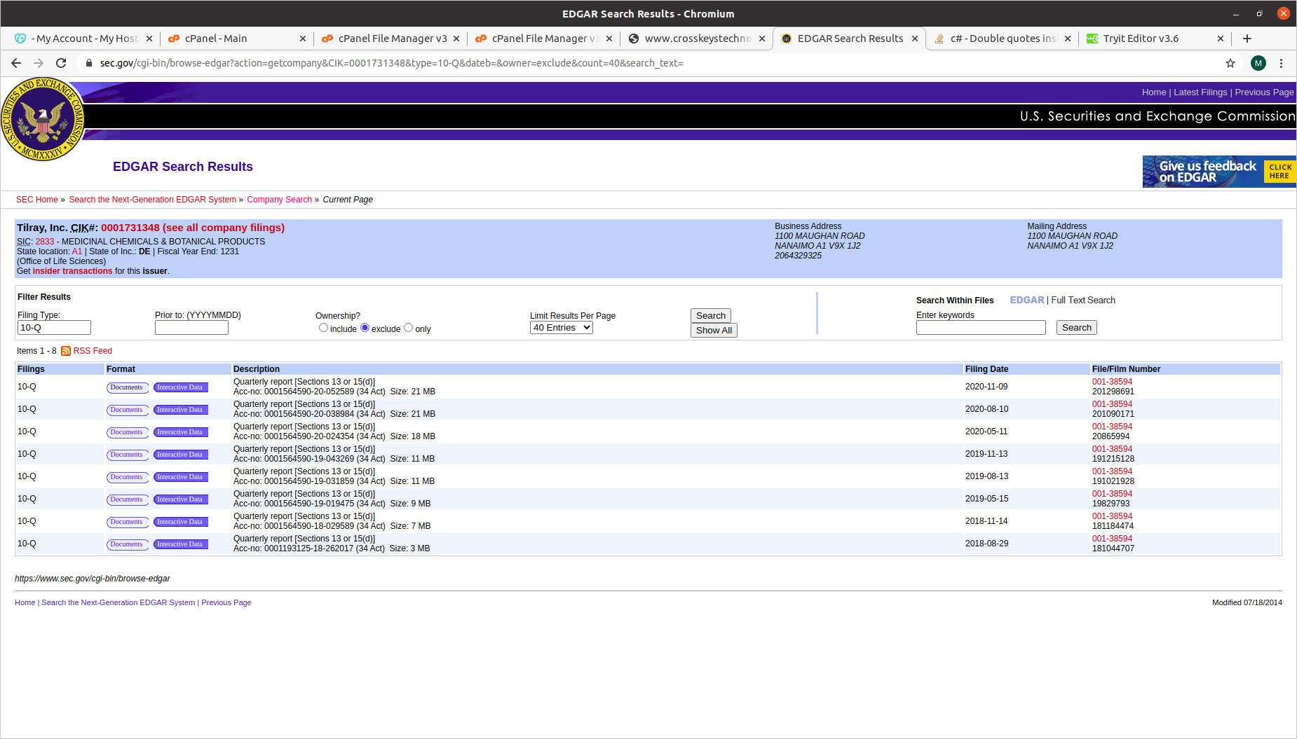 Tilray Edgar Search 10Q